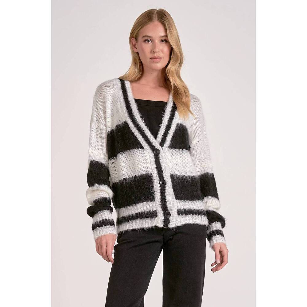 NEW ELAN stripe fuzzy cardigan in black white